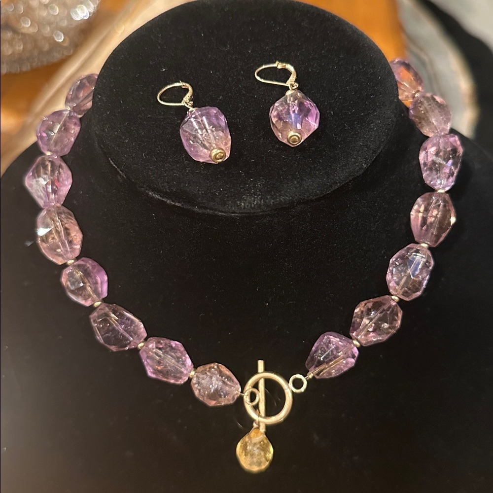 Amethyst Faceted Crystal Drop Earrings and Necklace with Goldtone hardware.